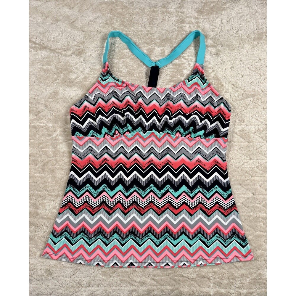 Chevron Tankini Top ONLY Women XXL Pink Teal Racerback Y2K Swimwear